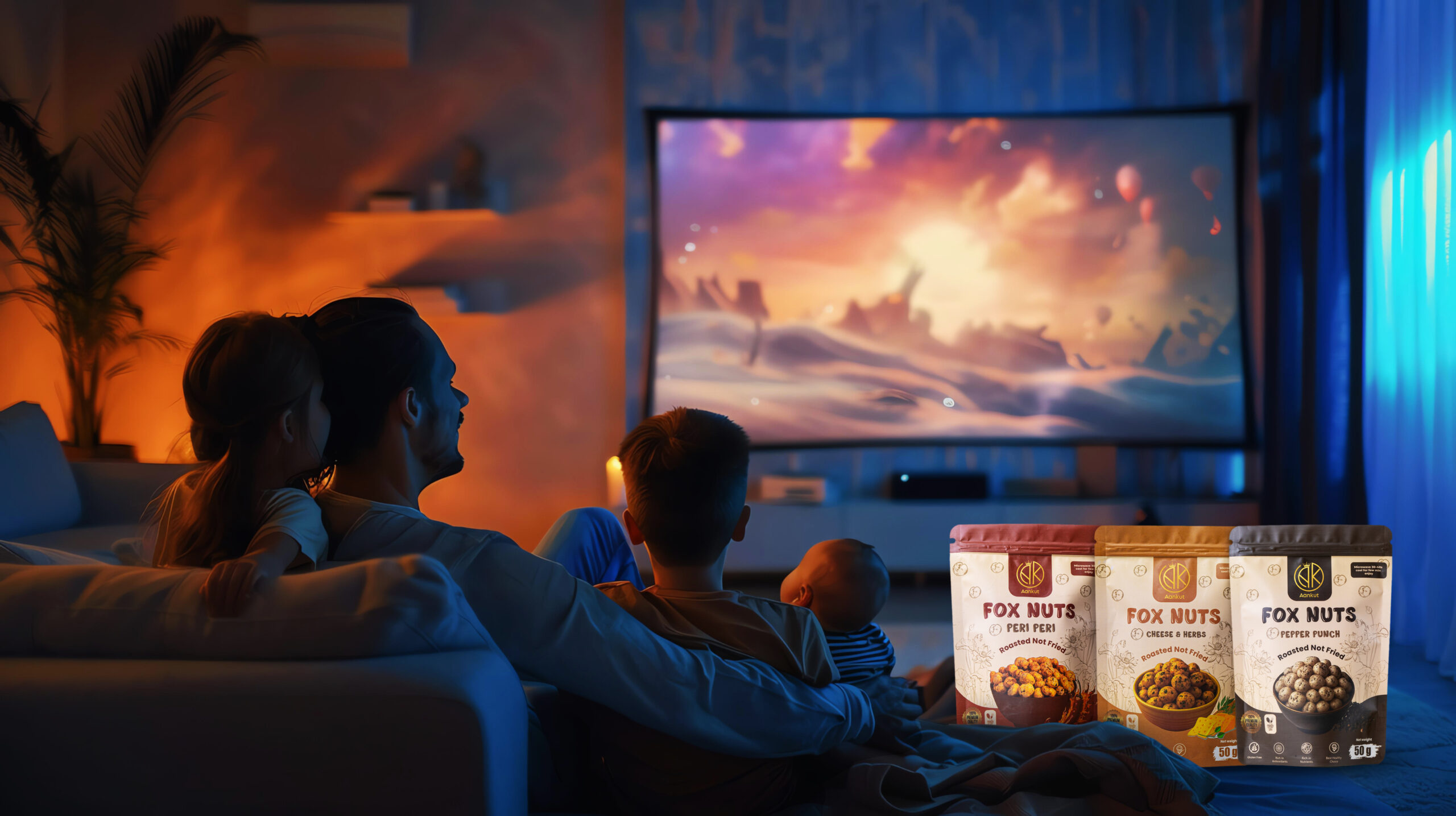 family is watching movie together their home theater they are sitting couch lights are dimmed